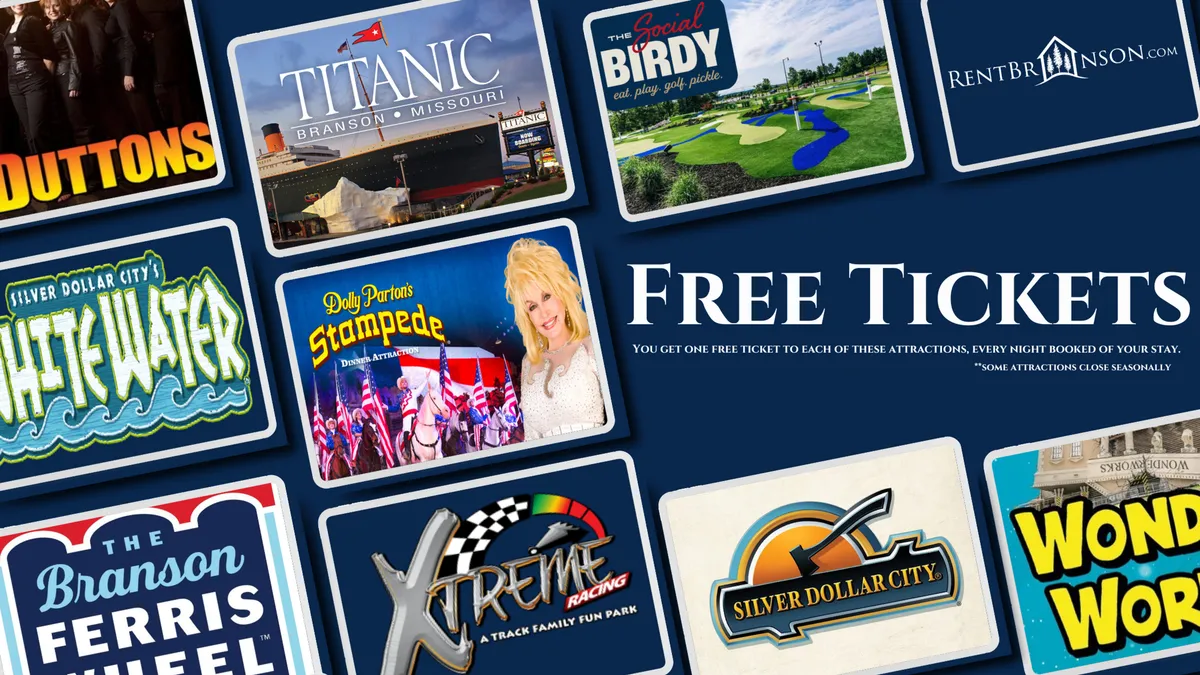 A vibrant collage of attraction logos, colorful backgrounds, and the text 'Free Tickets' evokes the excitement of exploring local entertainment. The image suggests memorable outings to theme parks, live events, and unique attractions close to the retreat.